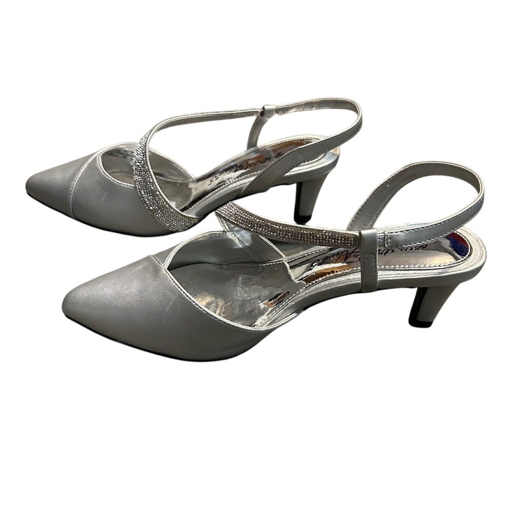 Easy Street Alive 5 Silver Satin Rhinestone Slingback Kitten Heel Pumps 6.5W
